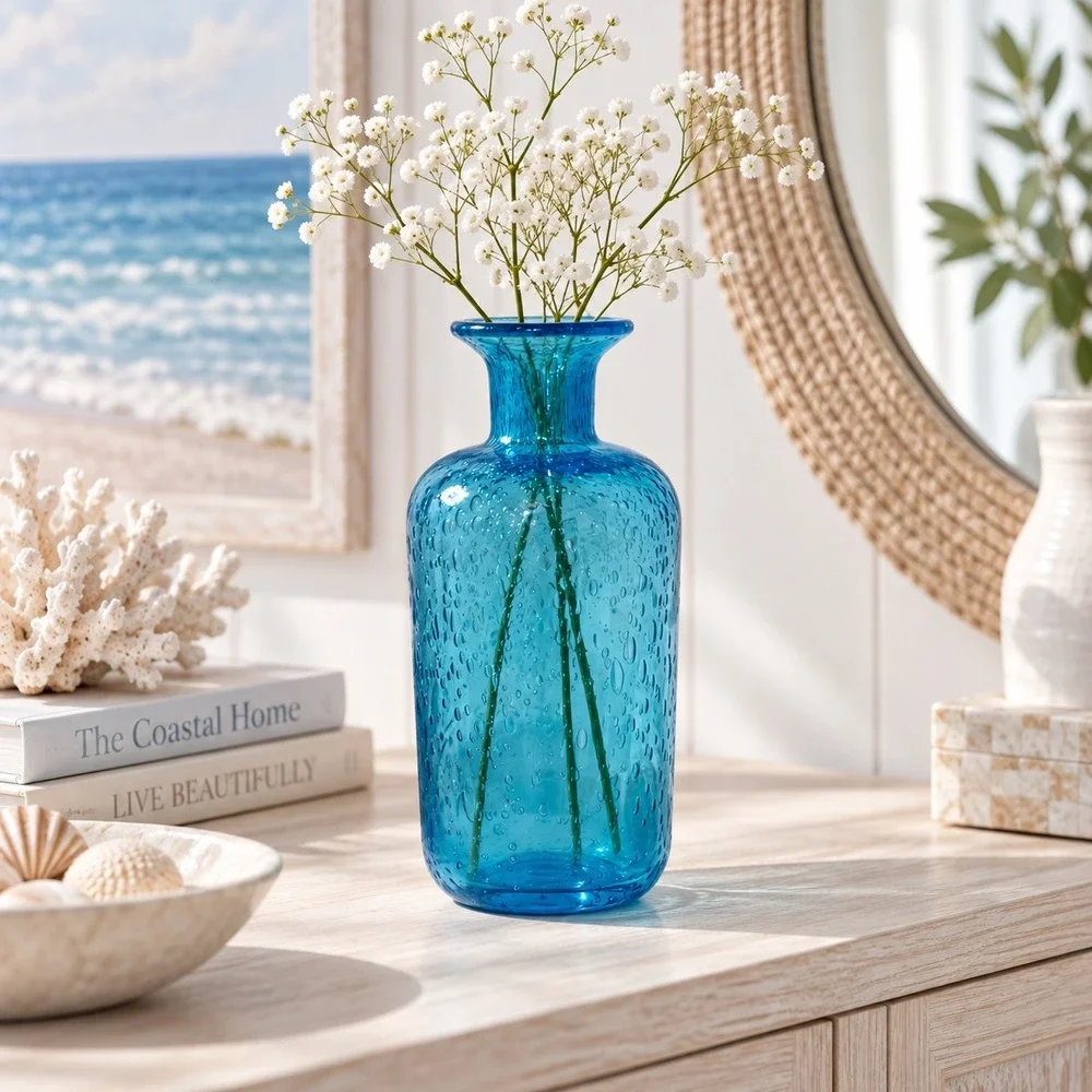 Turquoise Blue Controlled Bubble Art Glass Vase Hand Blown 8.5 inch Cylindrical